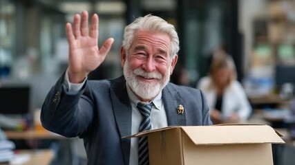 Farewell and New Beginnings: An elderly gentleman, overflowing with optimism, waves goodbye with a smile, his gaze forward, clutching a box in a workplace scene.