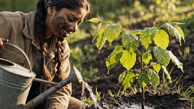Young woman with braids and dirty face carefully watering a newly planted green sapling with a metal watering can, showing dedication to nature, growth, and environmental care