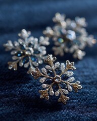 Fototapeta premium three snowflake brooches on blue fabric
