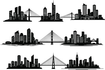 Black and white city skyline silhouettes with iconic bridges, urban architecture, modern buildings, and metropolitan design for vector illustration