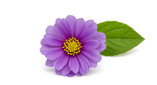 Beautiful purple daisy flower with a green leaf isolated on a white background.