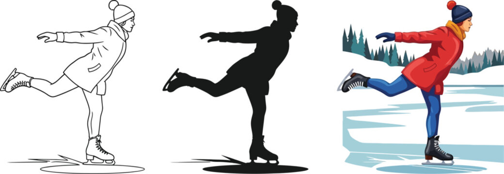 Three versions of a woman ice skating on a frozen lake, including a line drawing, a silhouette, and a full color illustration