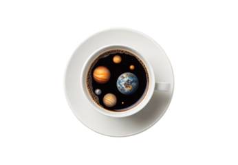 Coffee cup solar system, planets floating in black coffee, Earth Jupiter visible, isolated on a transparent background