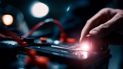 Battery maintenance is being performed in a workshop during the evening hours