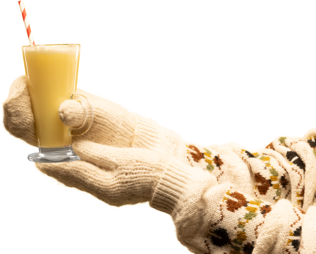 Mittens holding creamy yellow warm drink in winter sweater on transparent background. Concept of soft seasonal coziness, cold-weather lifestyle visuals, festive communication, and comforting branding.