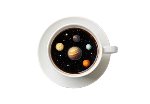 Coffee cup universe, colorful planets stars in dark coffee liquid overhead view, isolated on a transparent background