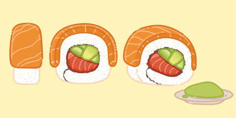 Salmon sushi roll vector illustration set — side, front, and isometric views of Japanese maki roll with tuna, vegetables, and salmon topping © Blue