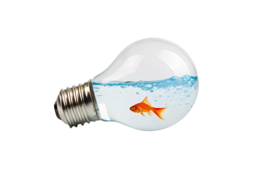 Goldfish swimming inside water-filled light bulb, isolated on a transparent background - Powered by Adobe