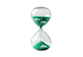 Magical hourglass with green glitter, stars and clouds flowing through glass, isolated on a transparent background