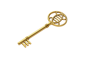 Ornate golden vintage key with decorative head design, isolated on a transparent background