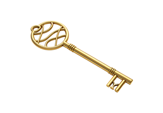 Golden ornate vintage key with decorative scrollwork head, isolated on a transparent background - Powered by Adobe