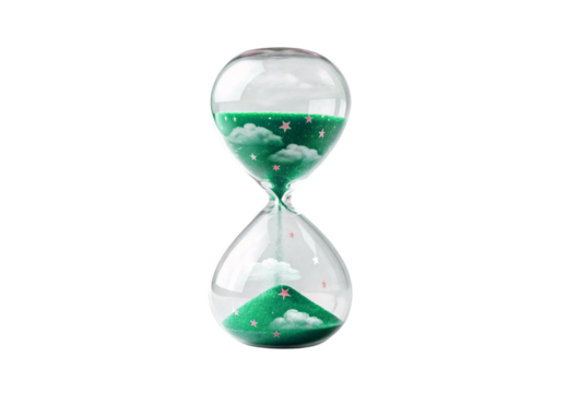 Magical hourglass with green glitter, stars and clouds flowing through glass, isolated on a transparent background - Powered by Adobe