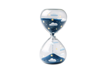 Hourglass with dark blue starry night sky and clouds inside, isolated on a transparent background