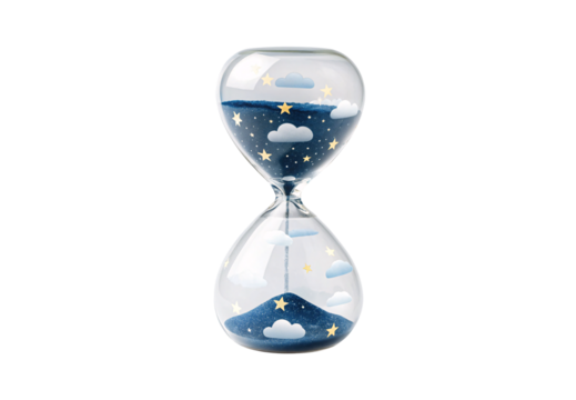 Hourglass with dark blue starry night sky and clouds inside, isolated on a transparent background