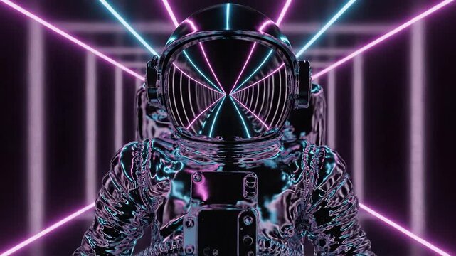 Astronaut in a chrome suit moving through a vibrant neon light tunnel, creating a futuristic, retro, and psychedelic journey through digital space and an infinite cosmos - Powered by Adobe
