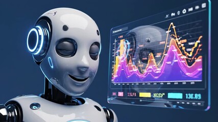 Robot head featuring glowing blue eyes and ear accents, analyzing financial charts and data on a transparent holographic display, showing concepts of artificial intelligence in finance - Powered by Adobe