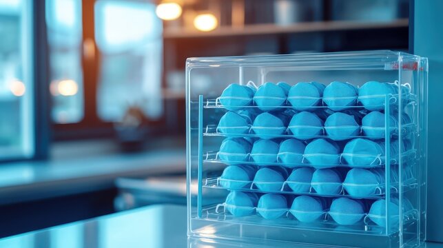 Stack of disposable medical masks displayed in clear plastic