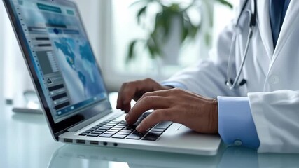 A medical professional working with a laptop in an office environment. - Powered by Adobe