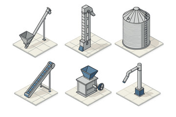 Isometric collection of farm and industrial equipment for grain handling and storage