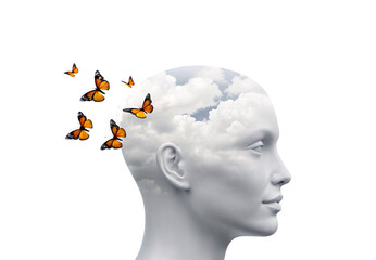 White head profile with butterflies and clouds, mental freedom, isolated on a transparent background