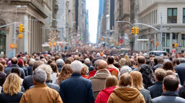 Urban Crowd Dynamics: A bustling cityscape scene, teeming with a diverse crowd of people navigating the avenues, symbolizing urban life. A scene of people moving on street surrounded by buildings