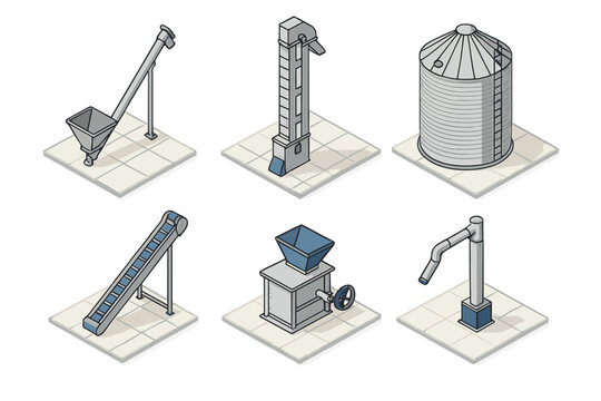 Isometric collection of farm and industrial equipment for grain handling and storage