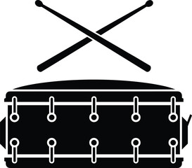 Black and white drum vector illustration with crossed drumsticks, perfect for music logo, percussion instrument design, and artistic decoration