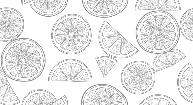 Monochrome seamless citrus slice pattern with vintage drawing style