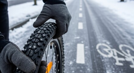 Person hand in winter glove holding a bicycle wheel with a studded tire. Winter cycling concept with safe grip on snowy and icy road.