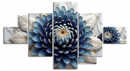 Closeup of a striking blue chrysanthemum with delicate gold accents on a marble background
