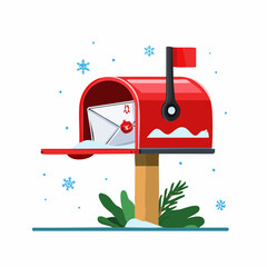 Red Christmas mailbox with an open door and a holiday letter inside.