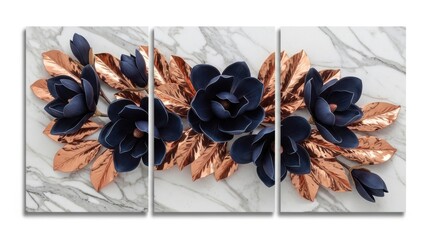 Dark blue flowers with copper leaves arranged on a white marble background