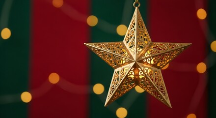 Beautiful golden Christmas stars arranged on red and green background, festive pattern design, warm holiday celebration atmosphere.
