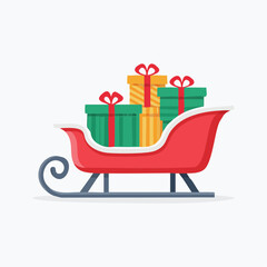Red Santa Sleigh Filled With Colorful Christmas Presents.