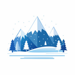 Winter Mountain Landscape with Snow-Capped Peaks and Evergreen Trees.