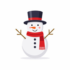 Cheerful snowman with a black hat and red scarf in winter.