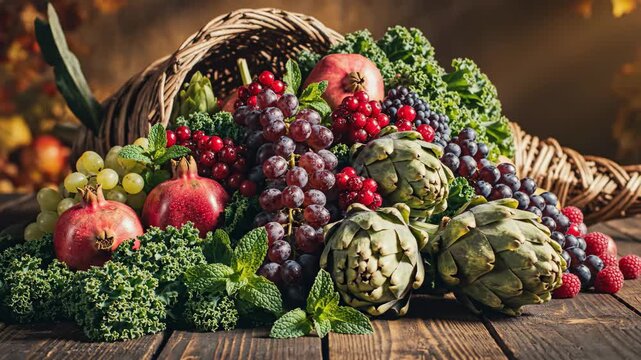 Cornucopia overflowing with colorful fruits, vegetables and greens&mdash;pomegranates, grapes, artichokes and kale&mdash;on a rustic wooden table evoking autumn abundance and thanksgiving harvest