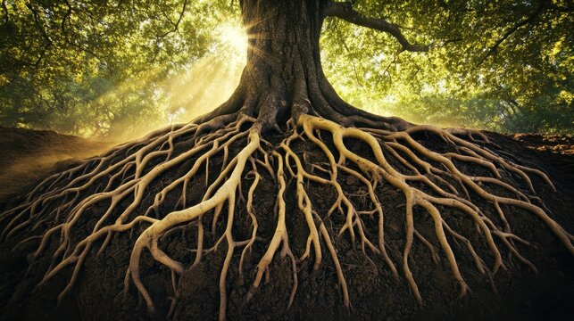 The exposed root system of a large hardy tree anchoring itself firmly in the earth with sunlight filtering through its vibrant green foliage