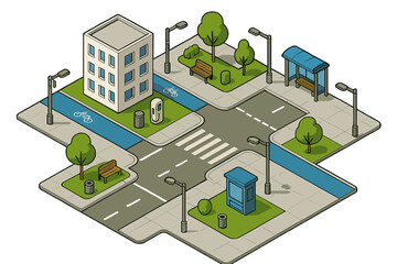 Isometric city infrastructure layout featuring modern building, crosswalk, and sustainable transport paths