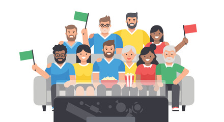 Diverse group of happy fans cheering enthusiastically while watching a sporting event together