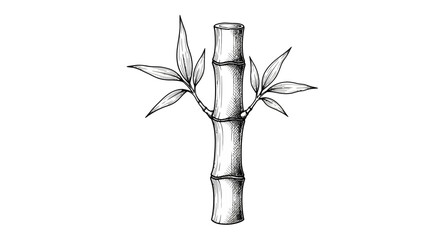 Single bamboo stalk illustration with leaves in monochrome detailed drawing