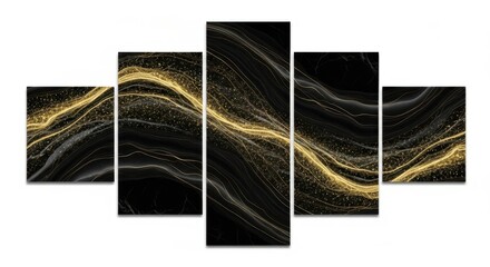 Abstract flowing gold glitter on black background, modern digital art canvas print