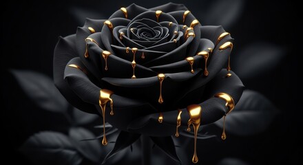 A black rose with dripping gold accents, symbolizing luxury and dark beauty
