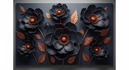 Dark floral wall art with sculpted navy blue petals and copper leaf accents