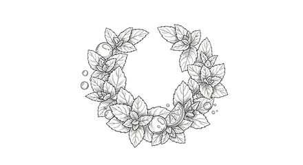 Stylized Mint Wreath with Citrus Slice and Droplets in Black and White