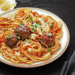 Italian Dinner Plate with Meatballs, Spaghetti, and Parmesan Cheese