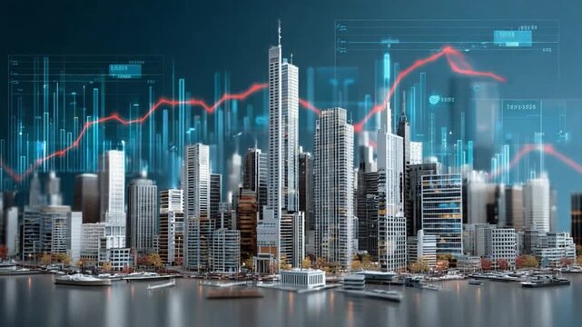 Financial Metropolis: A cityscape embodies financial prowess, with towering buildings and dynamic data visualization, symbolizing economic growth, investment, and market trends. - Powered by Adobe