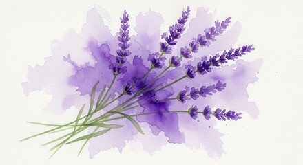 Watercolor painting of lavender flowers with soft purple and green hues