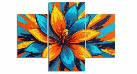 An abstract, colorful flower painting with vibrant blue, orange, and yellow petals against a dark background