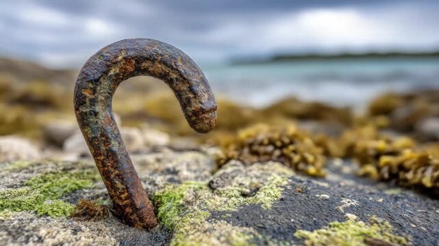 Close-up of a weathered, rusted metal hook embedded in a rock with moss, near a blurry ocean